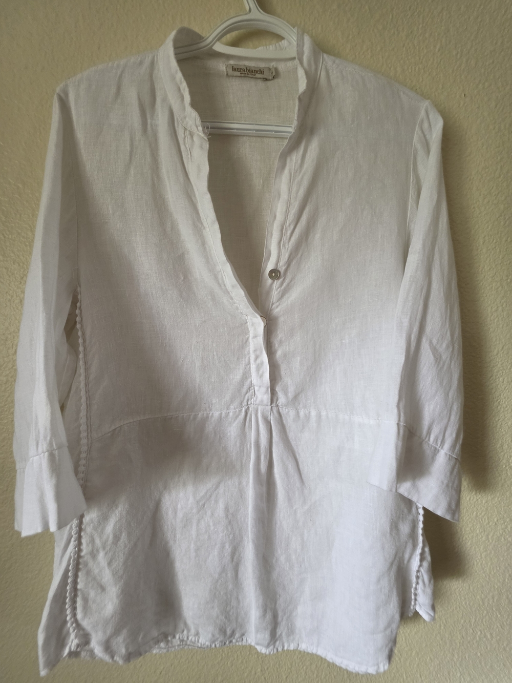 Laura Bianchi Italy White Linen Tunic Blouse Lace Crochet Coastal Boho M
